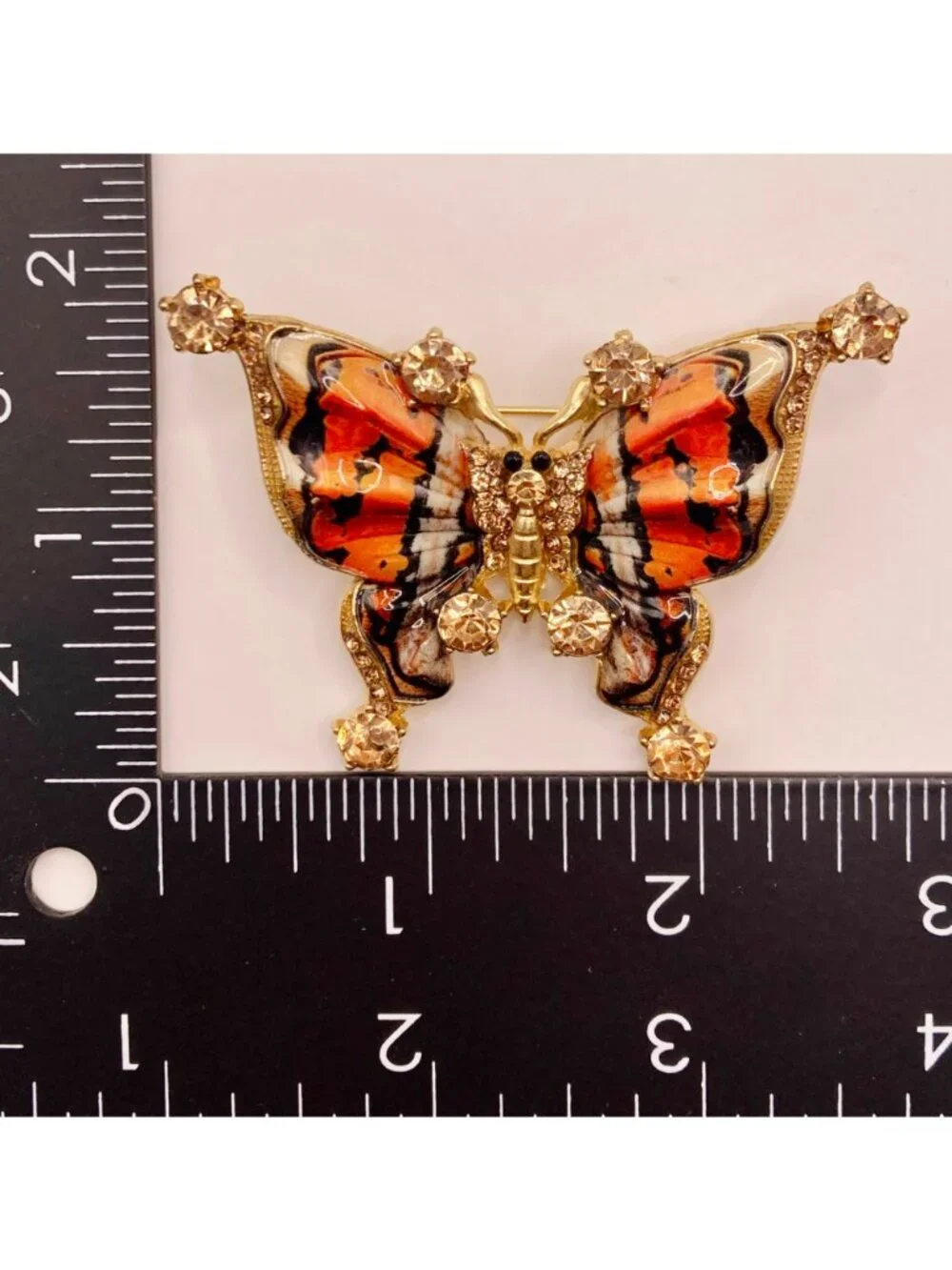 Butterfly Gold-Tone Rhinestone Brooch Vibrant Orange & Black Enamel Wings -47B